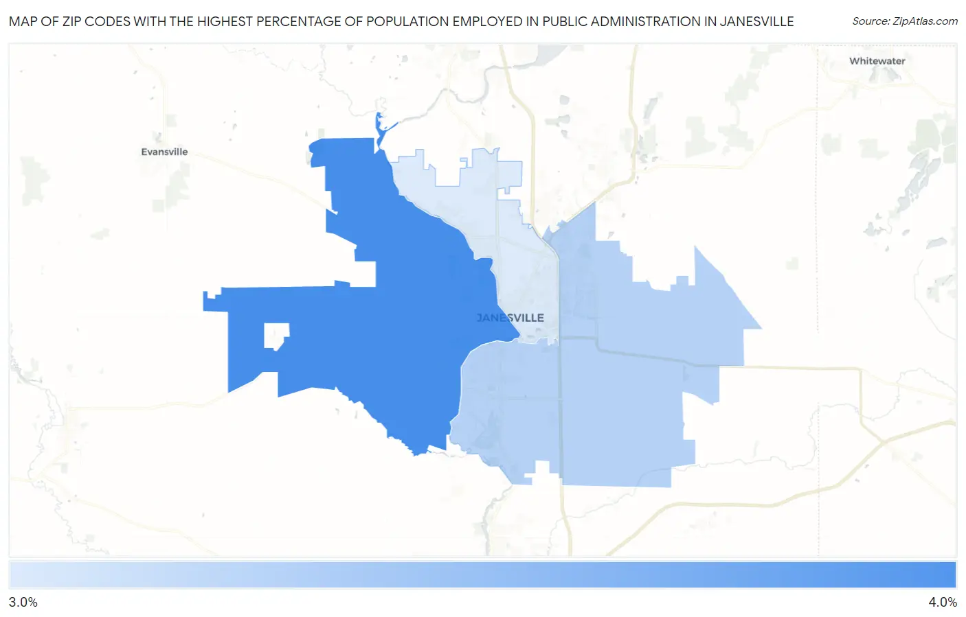Zip Codes with the Highest Percentage of Population Employed in Public Administration in Janesville Map