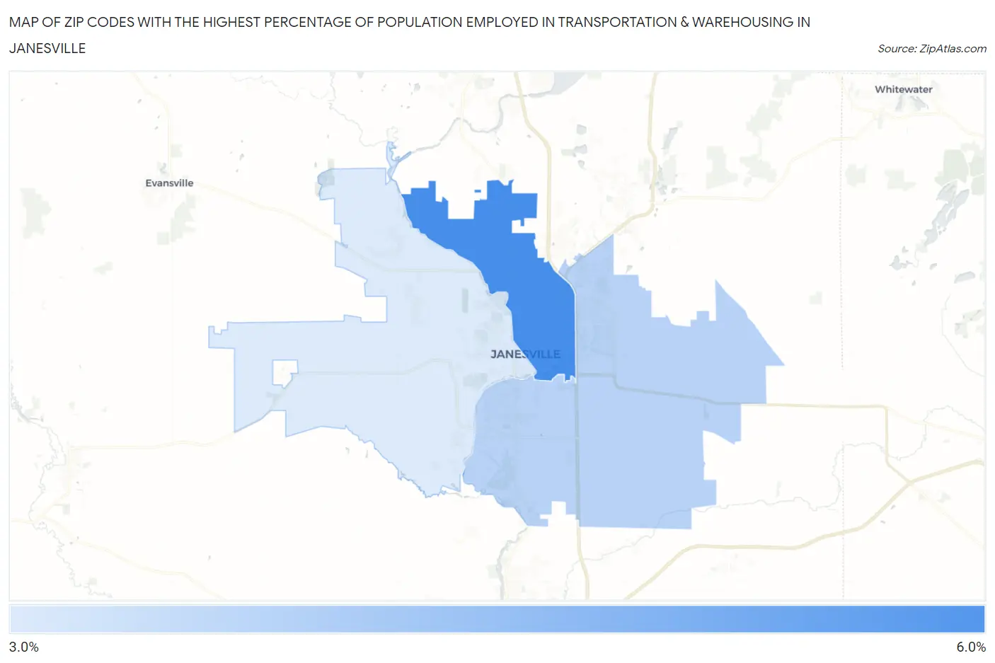 Zip Codes with the Highest Percentage of Population Employed in Transportation & Warehousing in Janesville Map