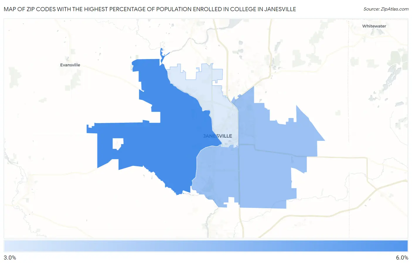 Zip Codes with the Highest Percentage of Population Enrolled in College in Janesville Map