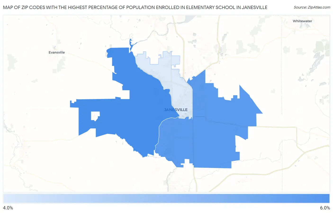 Zip Codes with the Highest Percentage of Population Enrolled in Elementary School in Janesville Map