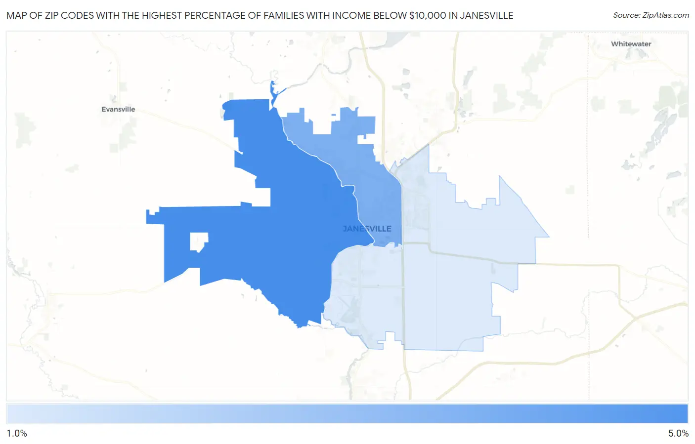 Zip Codes with the Highest Percentage of Families with Income Below $10,000 in Janesville Map