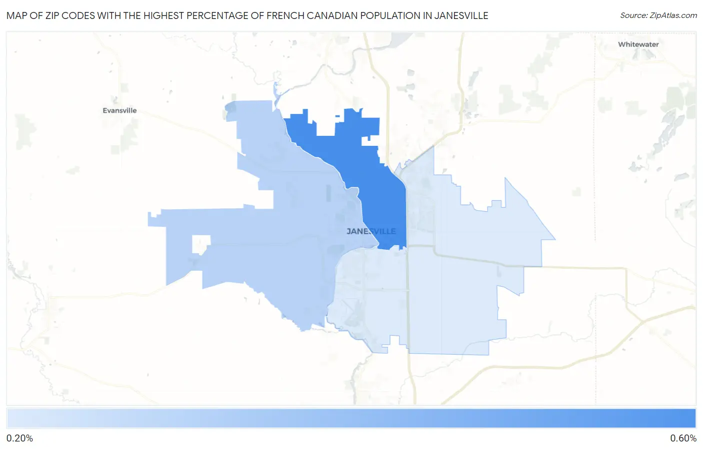 Zip Codes with the Highest Percentage of French Canadian Population in Janesville Map