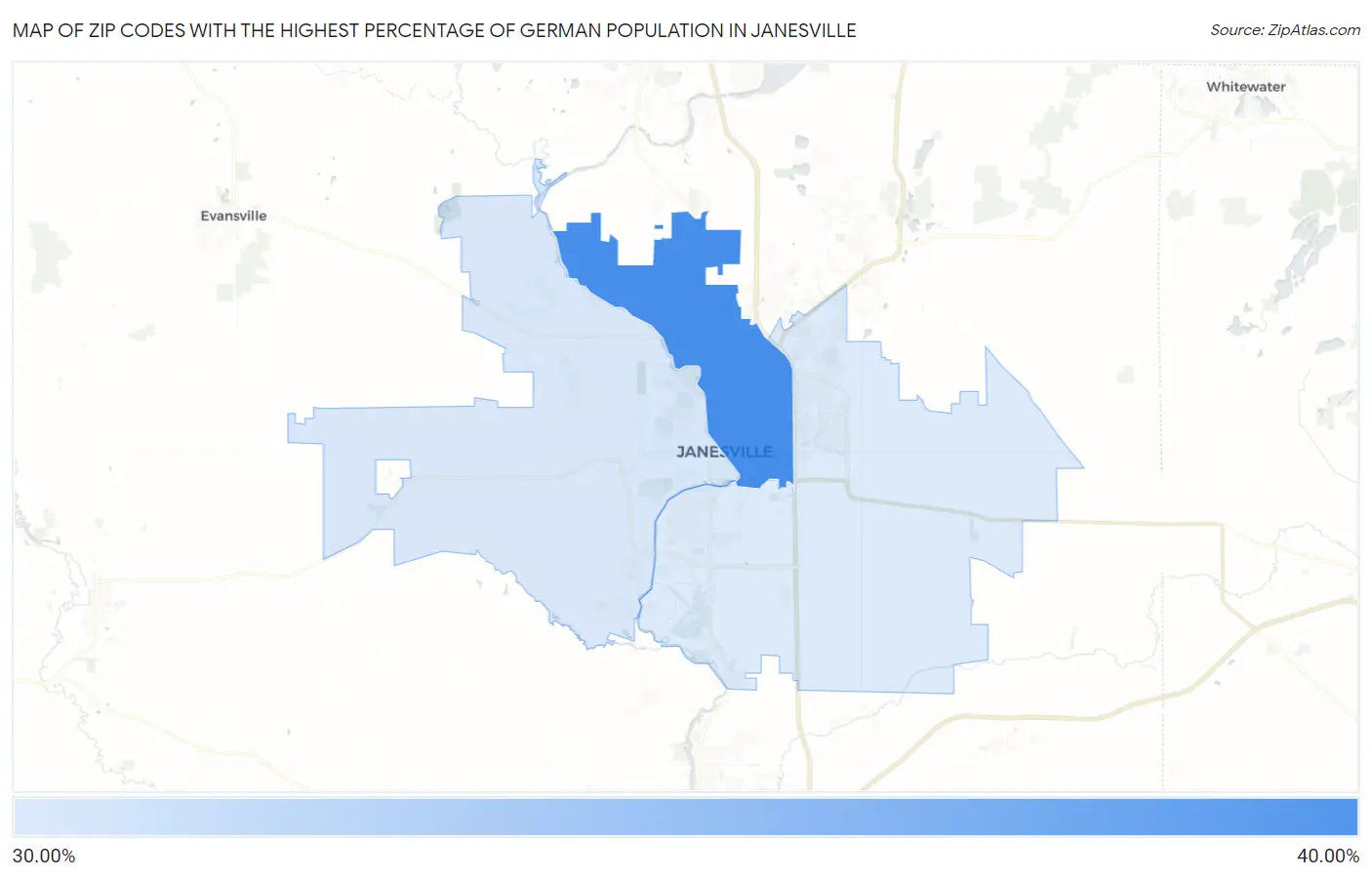 Zip Codes with the Highest Percentage of German Population in Janesville Map