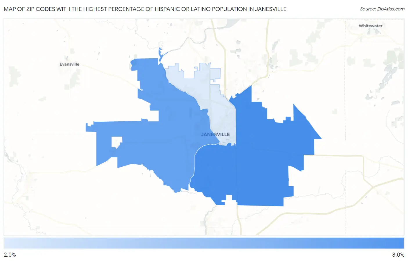 Zip Codes with the Highest Percentage of Hispanic or Latino Population in Janesville Map