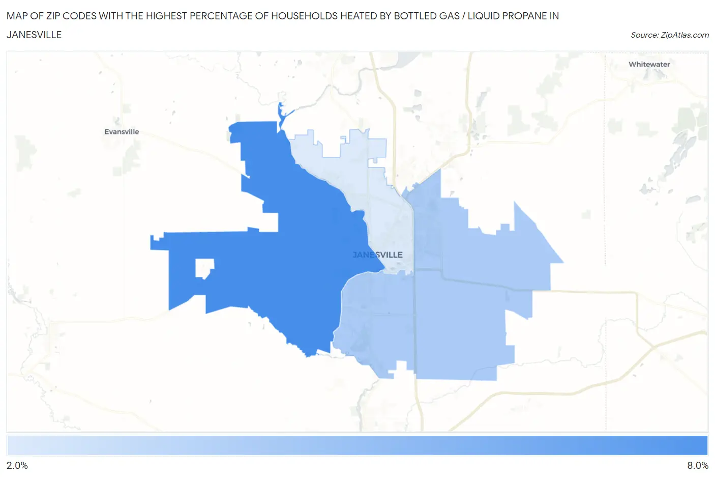 Zip Codes with the Highest Percentage of Households Heated by Bottled Gas / Liquid Propane in Janesville Map
