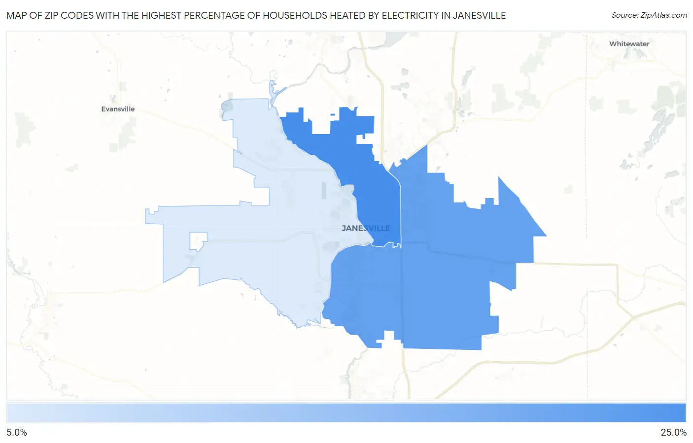 Zip Codes with the Highest Percentage of Households Heated by Electricity in Janesville Map
