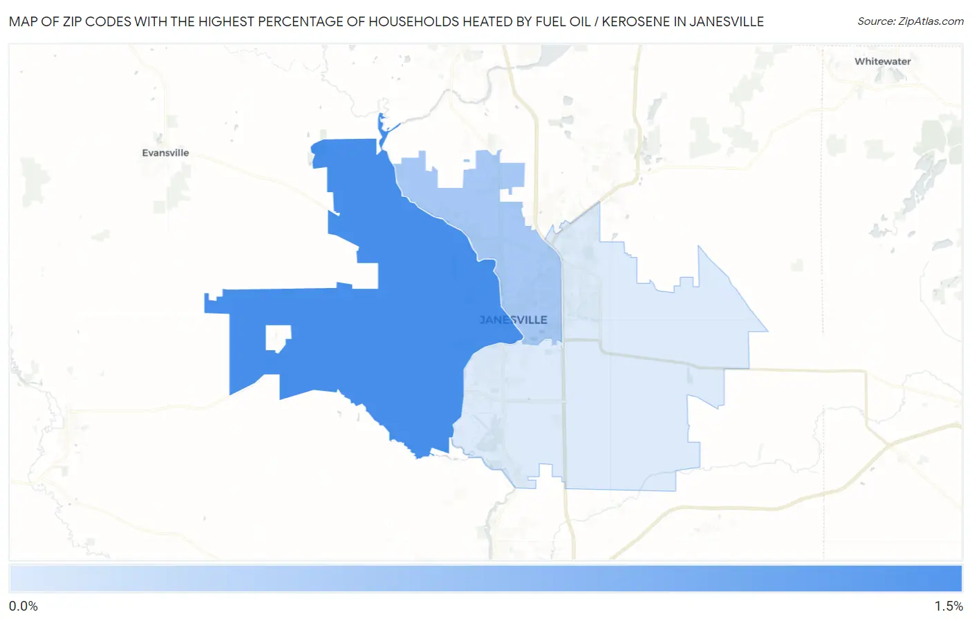 Zip Codes with the Highest Percentage of Households Heated by Fuel Oil / Kerosene in Janesville Map