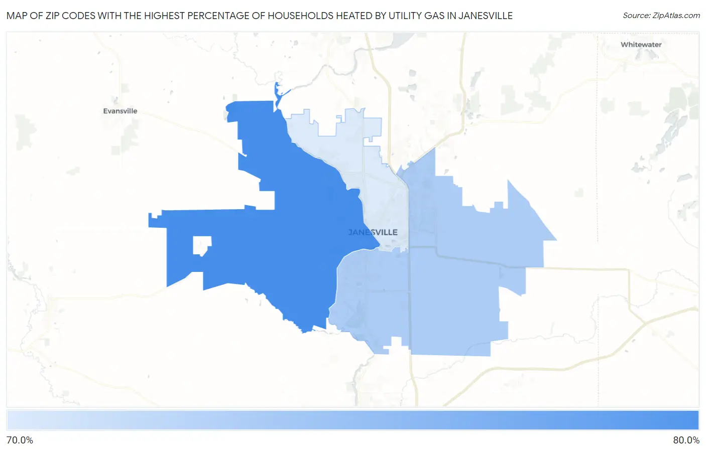 Zip Codes with the Highest Percentage of Households Heated by Utility Gas in Janesville Map