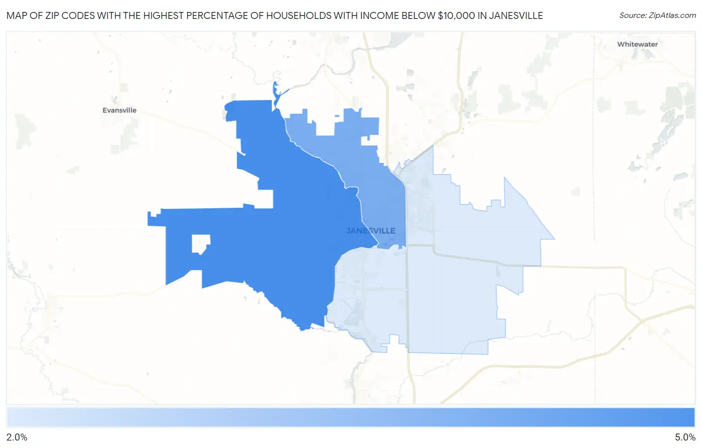 Zip Codes with the Highest Percentage of Households with Income Below $10,000 in Janesville Map