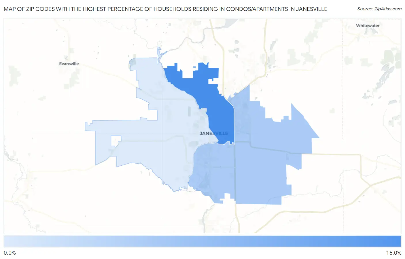 Zip Codes with the Highest Percentage of Households Residing in Condos/Apartments in Janesville Map