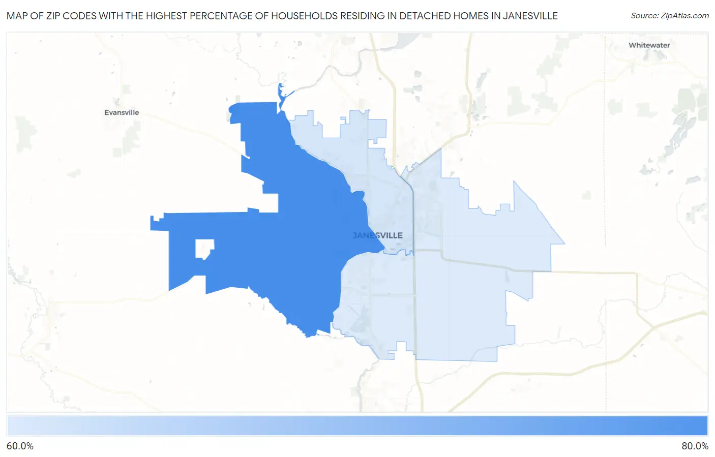 Zip Codes with the Highest Percentage of Households Residing in Detached Homes in Janesville Map