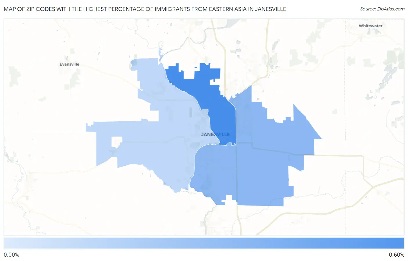 Zip Codes with the Highest Percentage of Immigrants from Eastern Asia in Janesville Map