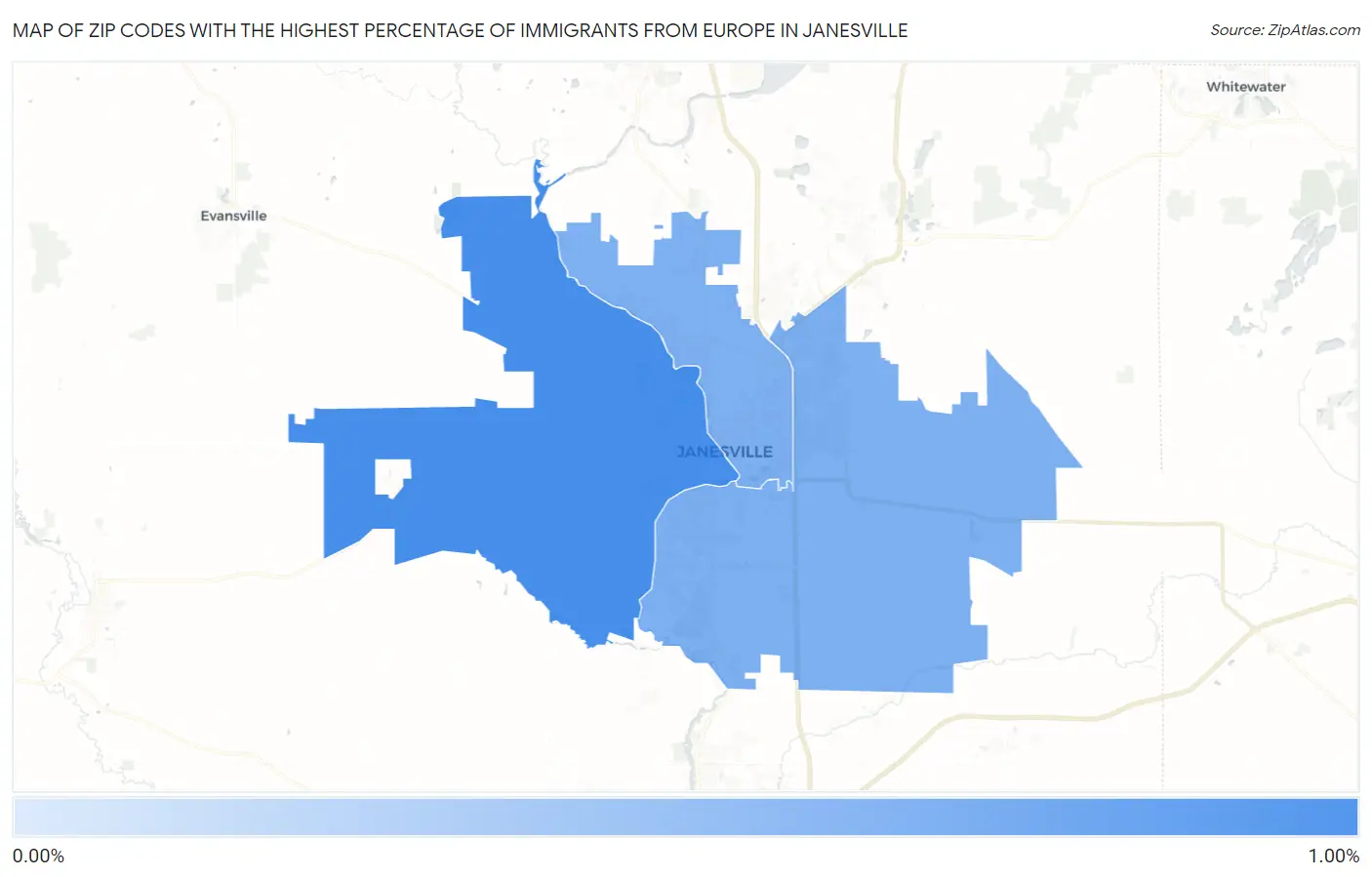 Zip Codes with the Highest Percentage of Immigrants from Europe in Janesville Map