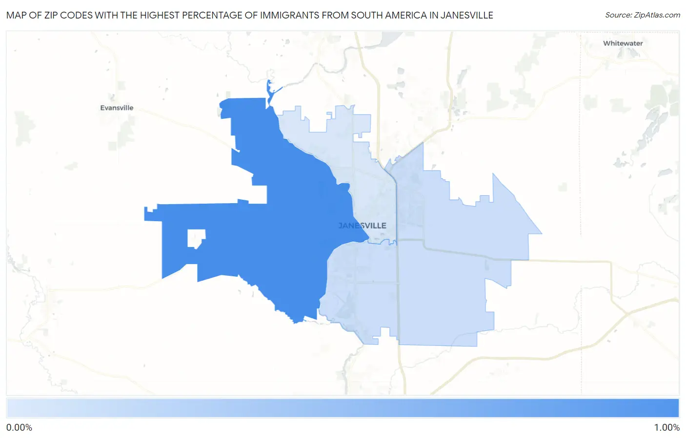 Zip Codes with the Highest Percentage of Immigrants from South America in Janesville Map
