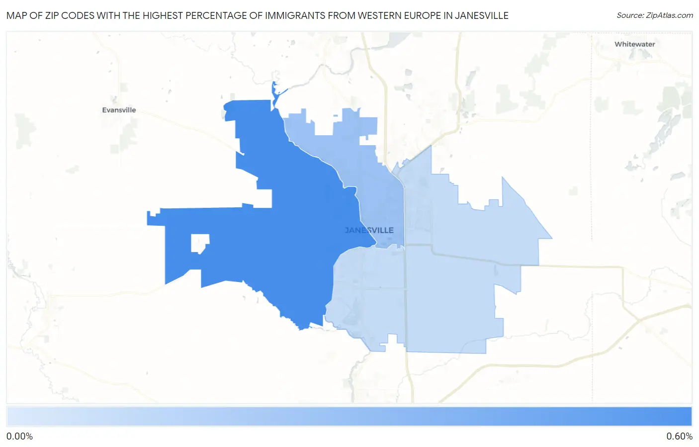 Zip Codes with the Highest Percentage of Immigrants from Western Europe in Janesville Map