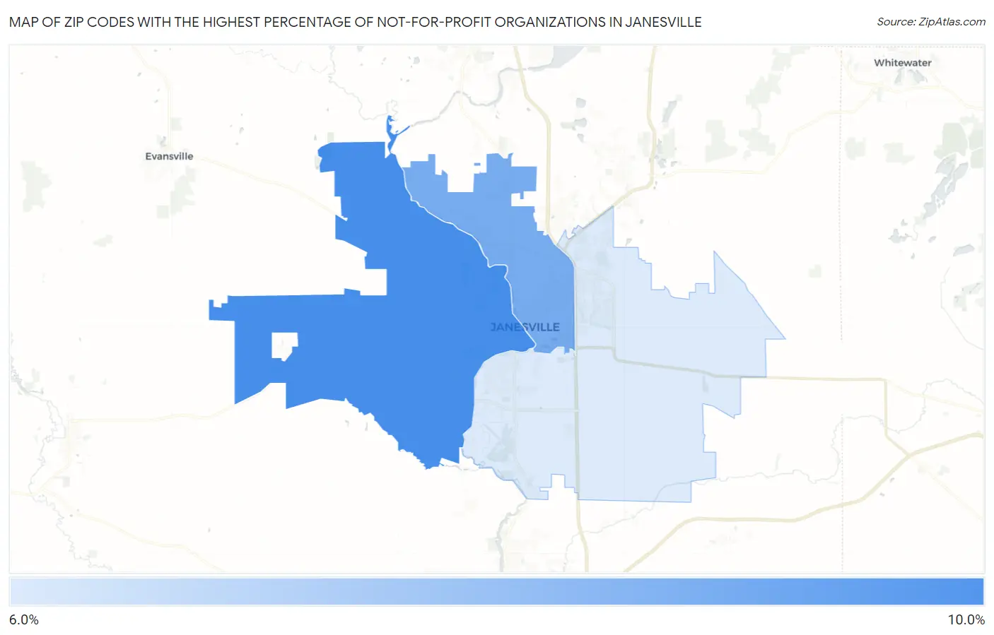 Zip Codes with the Highest Percentage of Not-for-profit Organizations in Janesville Map