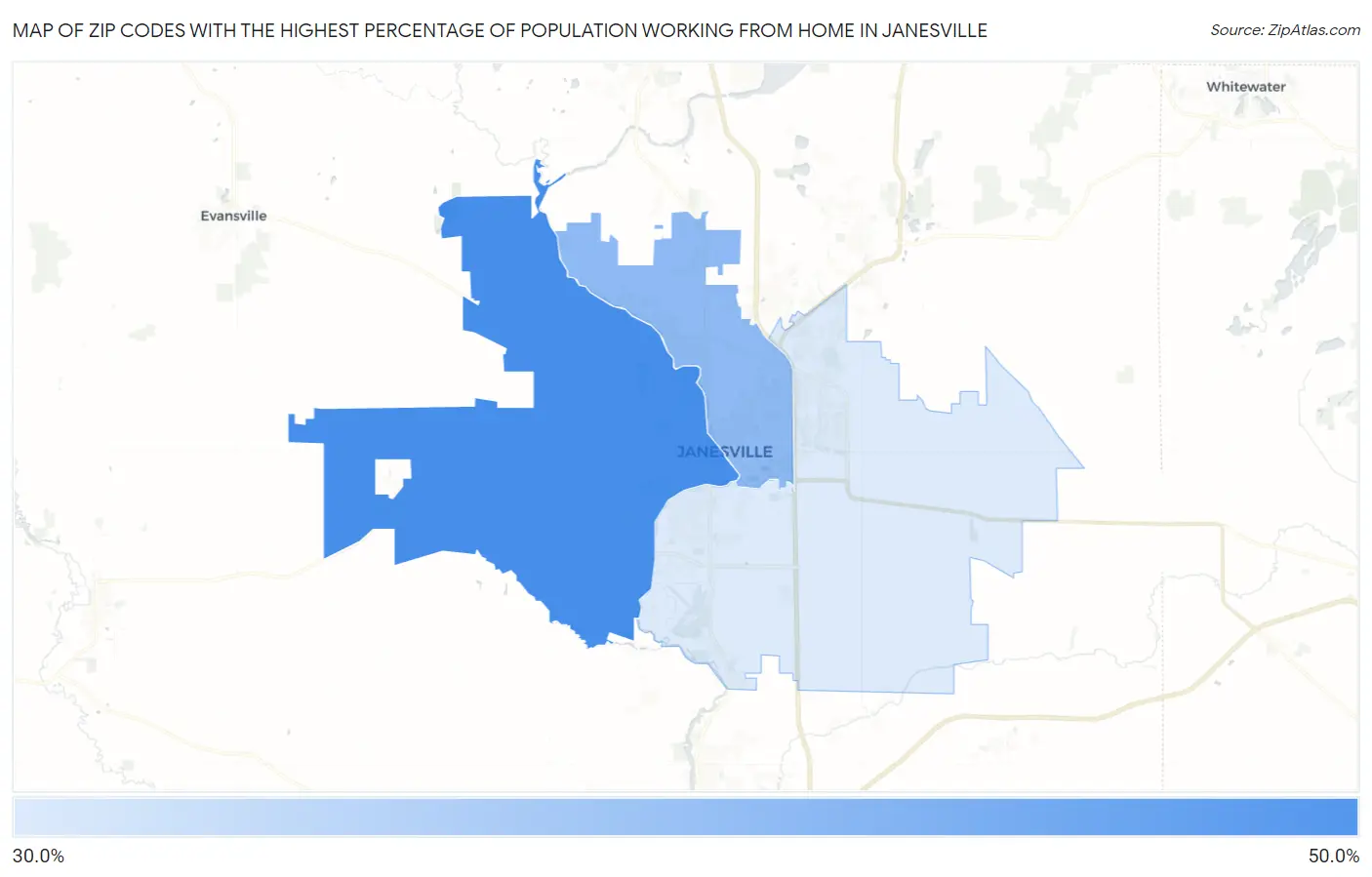 Zip Codes with the Highest Percentage of Population Working from Home in Janesville Map