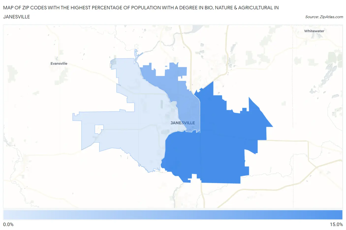 Zip Codes with the Highest Percentage of Population with a Degree in Bio, Nature & Agricultural in Janesville Map
