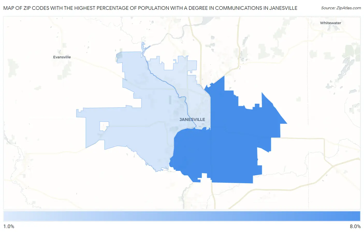 Zip Codes with the Highest Percentage of Population with a Degree in Communications in Janesville Map