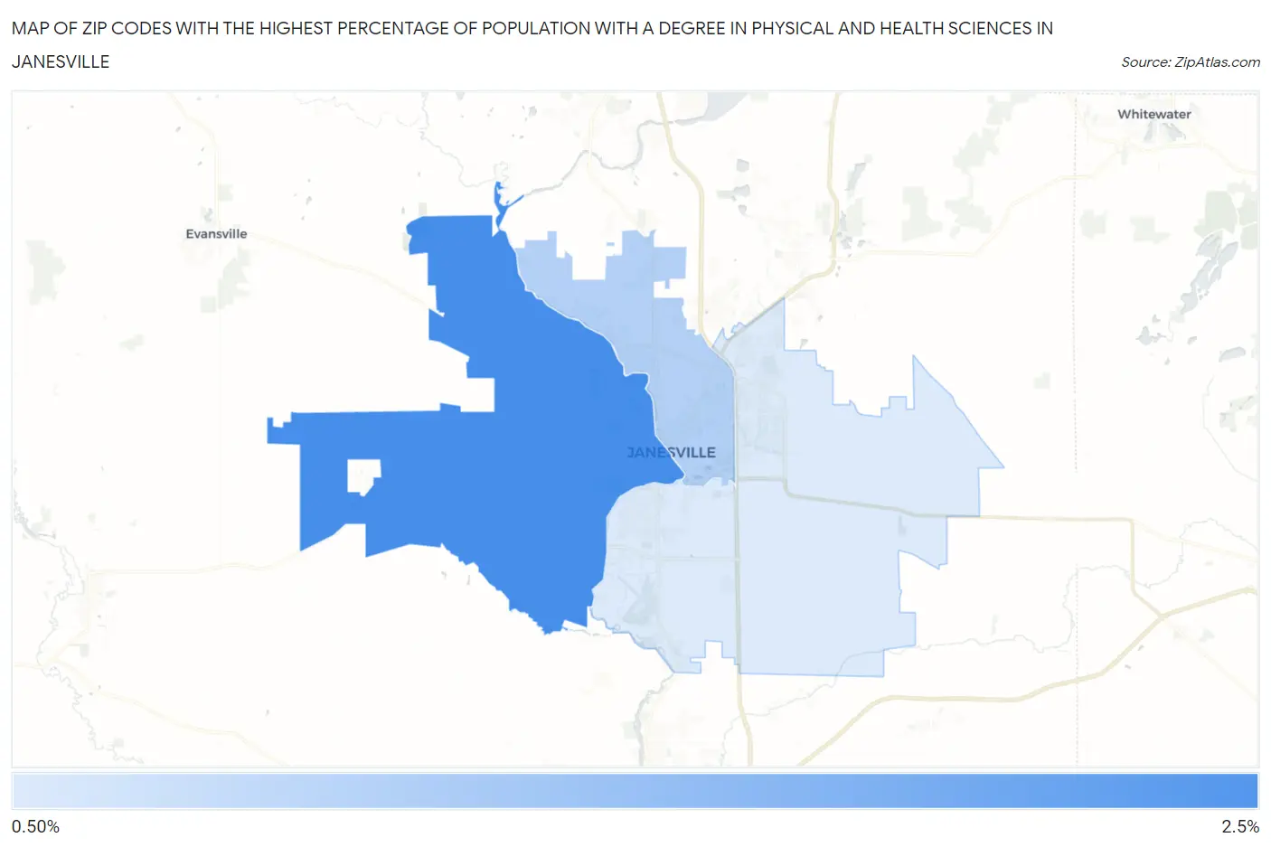 Zip Codes with the Highest Percentage of Population with a Degree in Physical and Health Sciences in Janesville Map