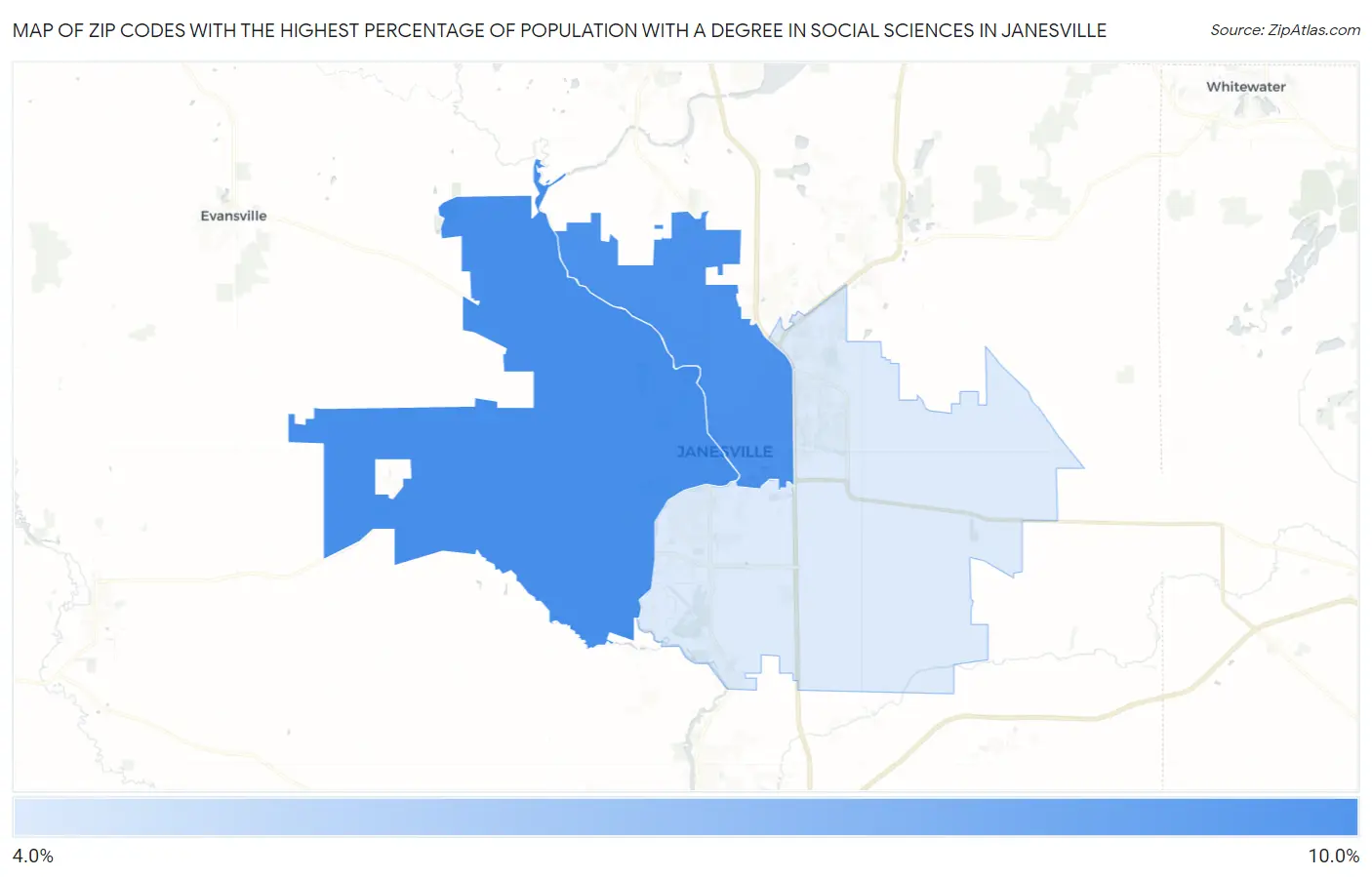 Zip Codes with the Highest Percentage of Population with a Degree in Social Sciences in Janesville Map
