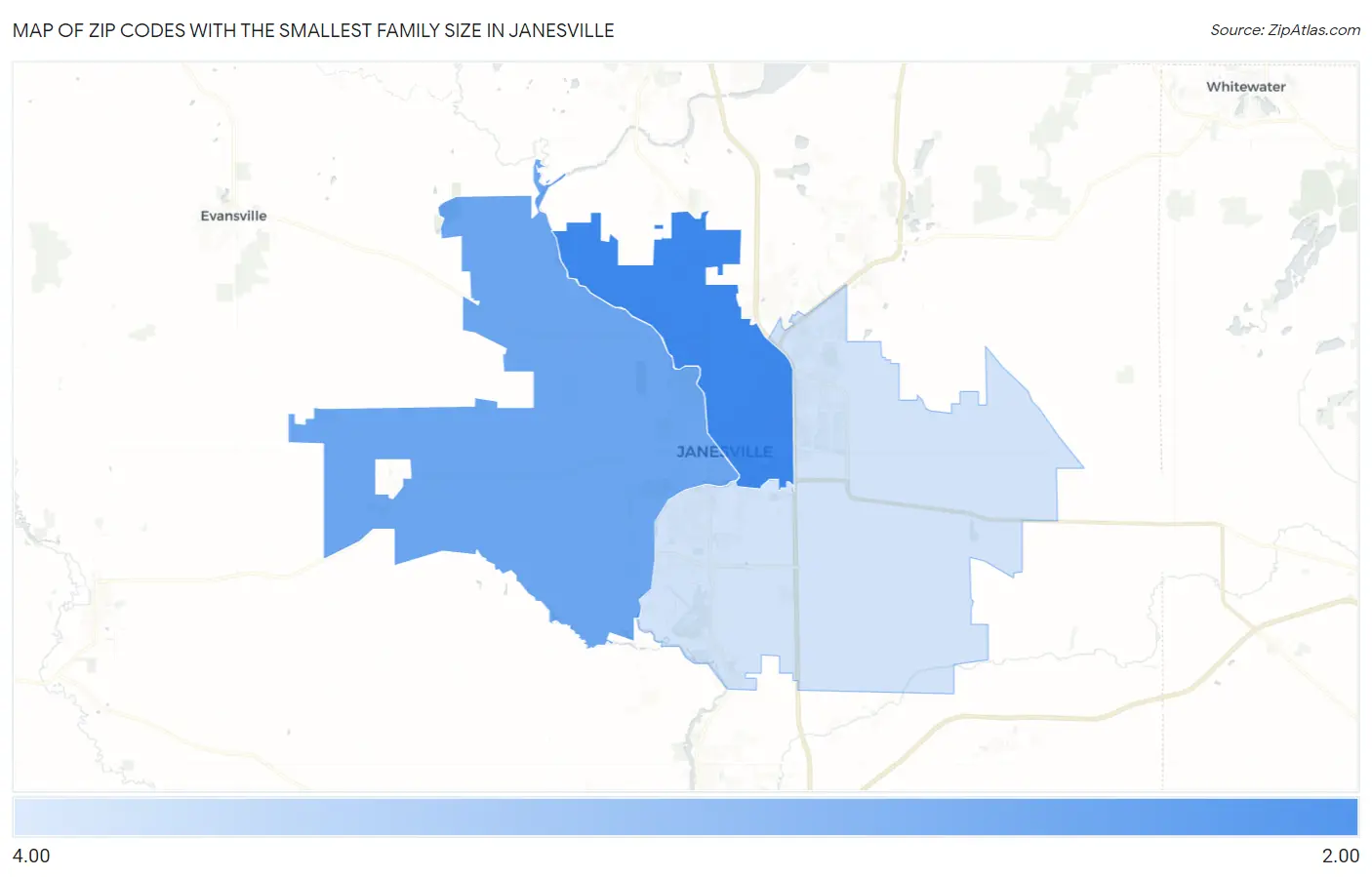 Zip Codes with the Smallest Family Size in Janesville Map