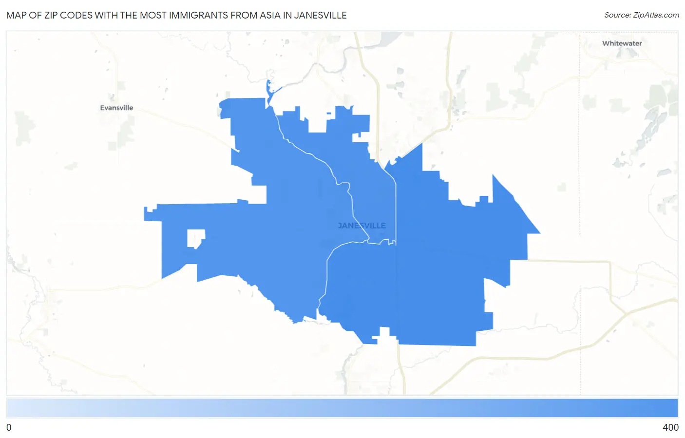 Zip Codes with the Most Immigrants from Asia in Janesville Map