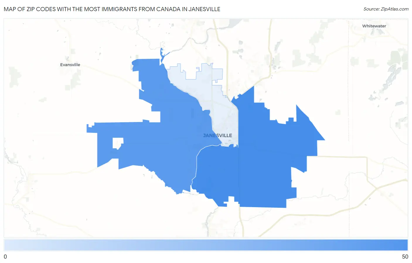 Zip Codes with the Most Immigrants from Canada in Janesville Map