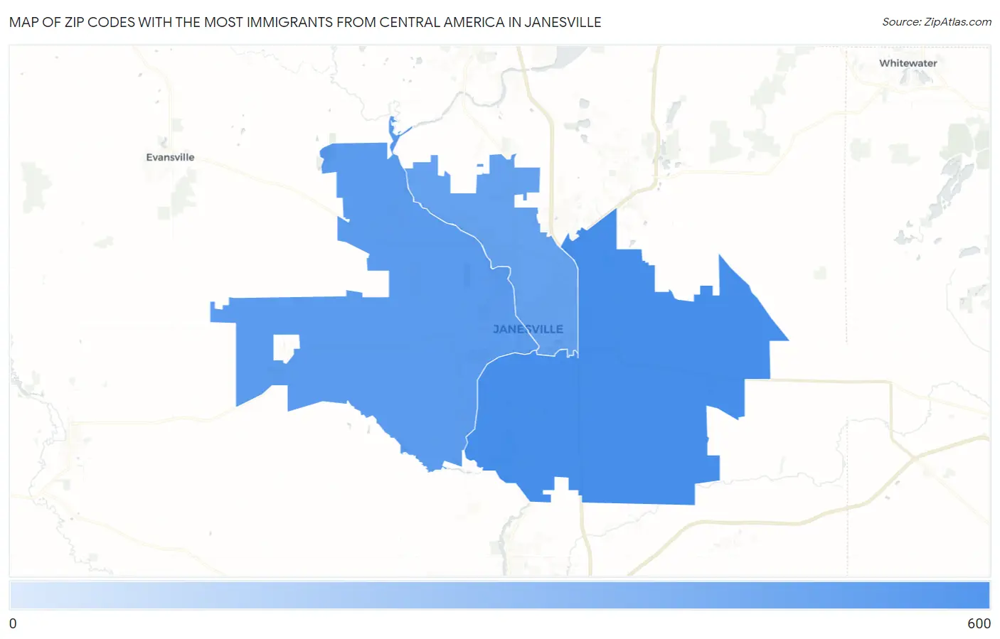 Zip Codes with the Most Immigrants from Central America in Janesville Map