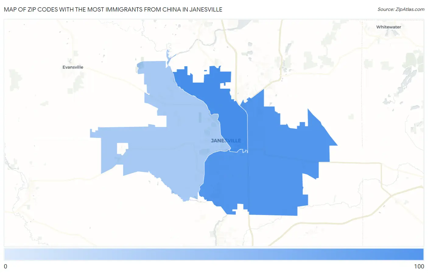 Zip Codes with the Most Immigrants from China in Janesville Map