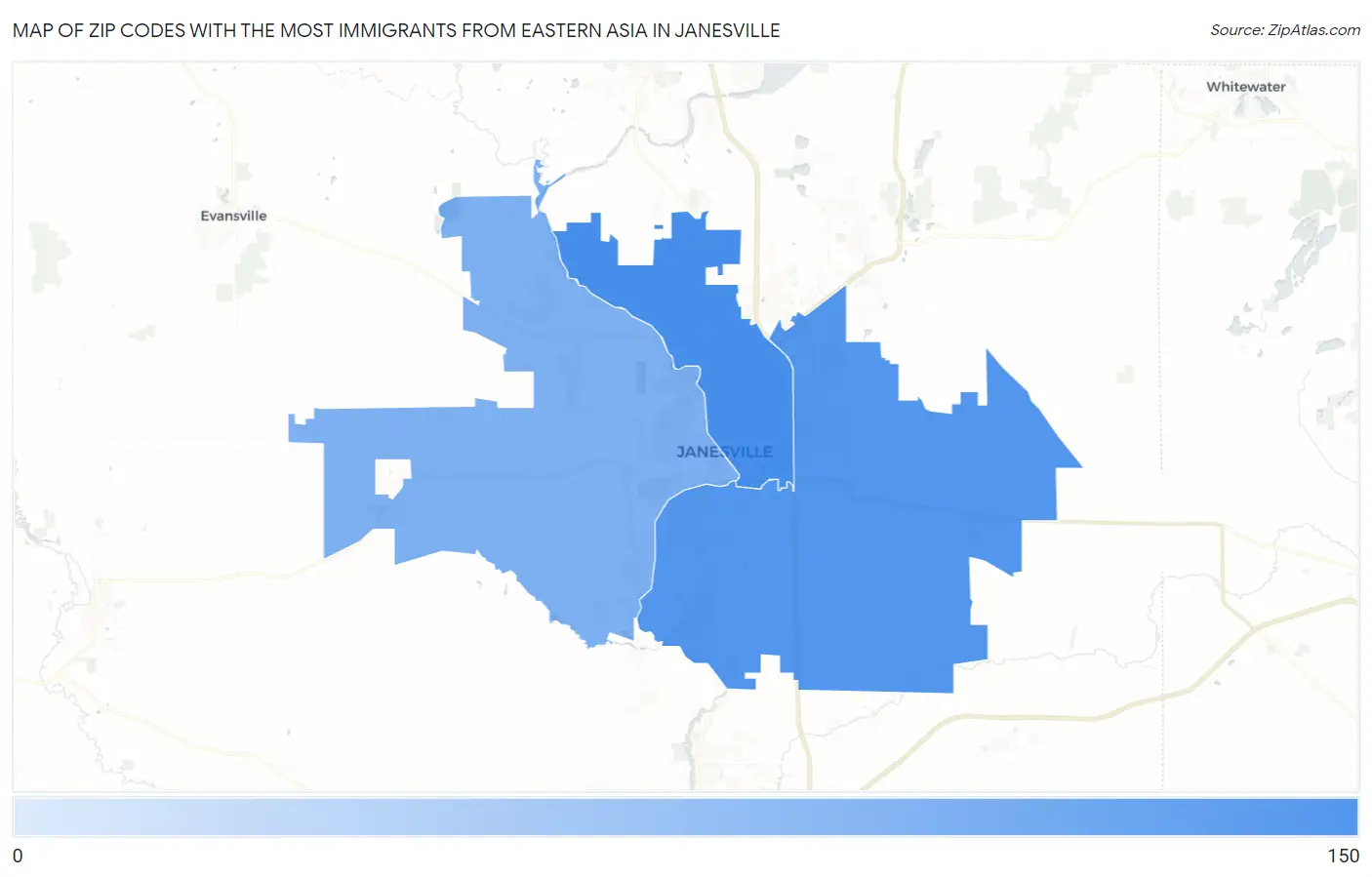 Zip Codes with the Most Immigrants from Eastern Asia in Janesville Map