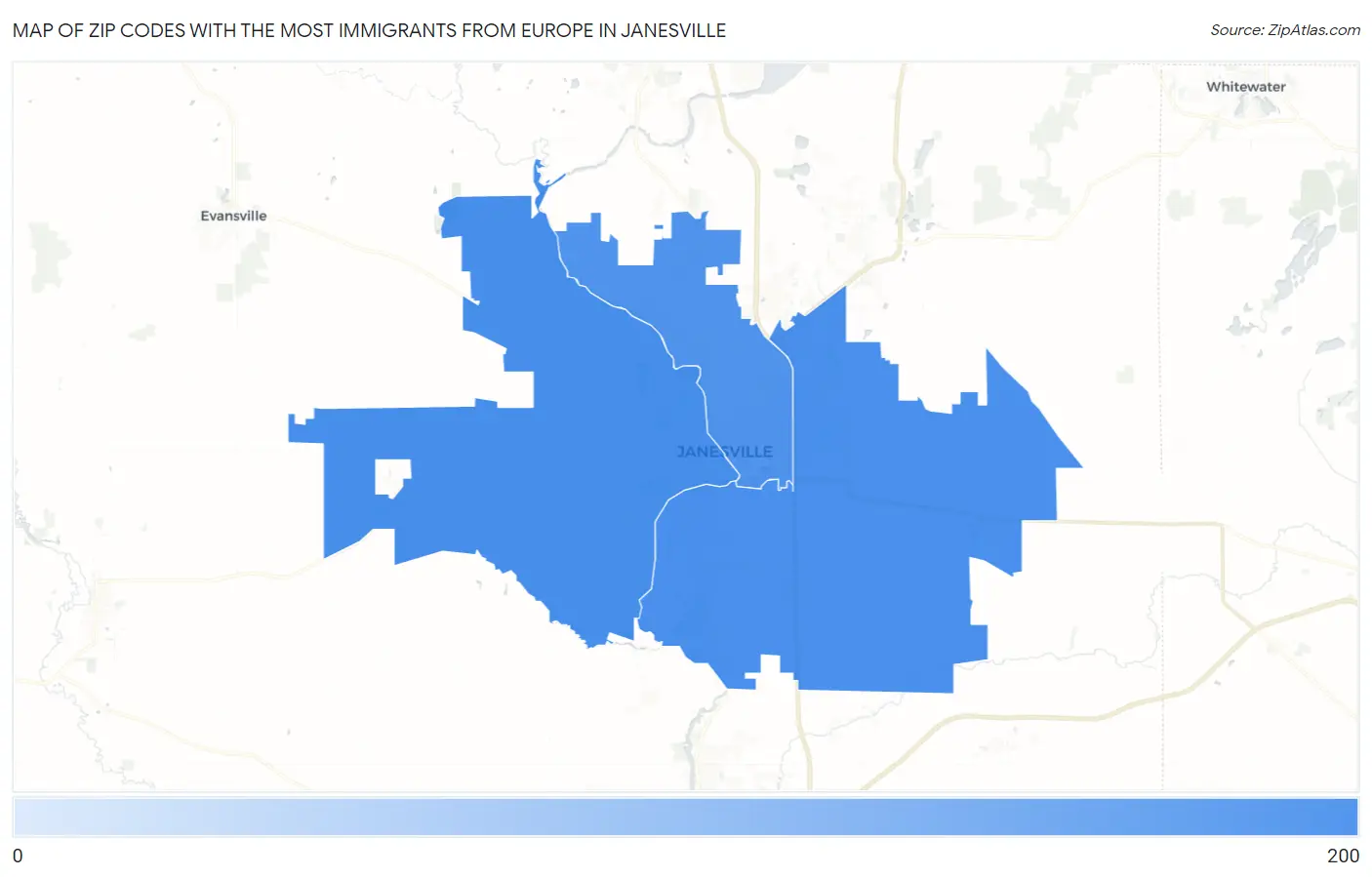 Zip Codes with the Most Immigrants from Europe in Janesville Map