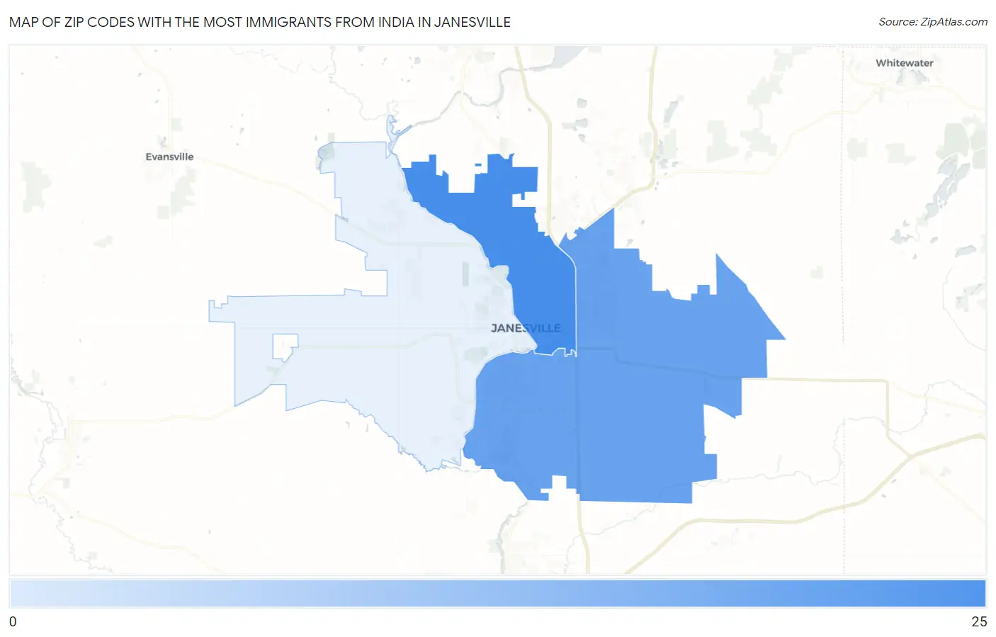 Zip Codes with the Most Immigrants from India in Janesville Map