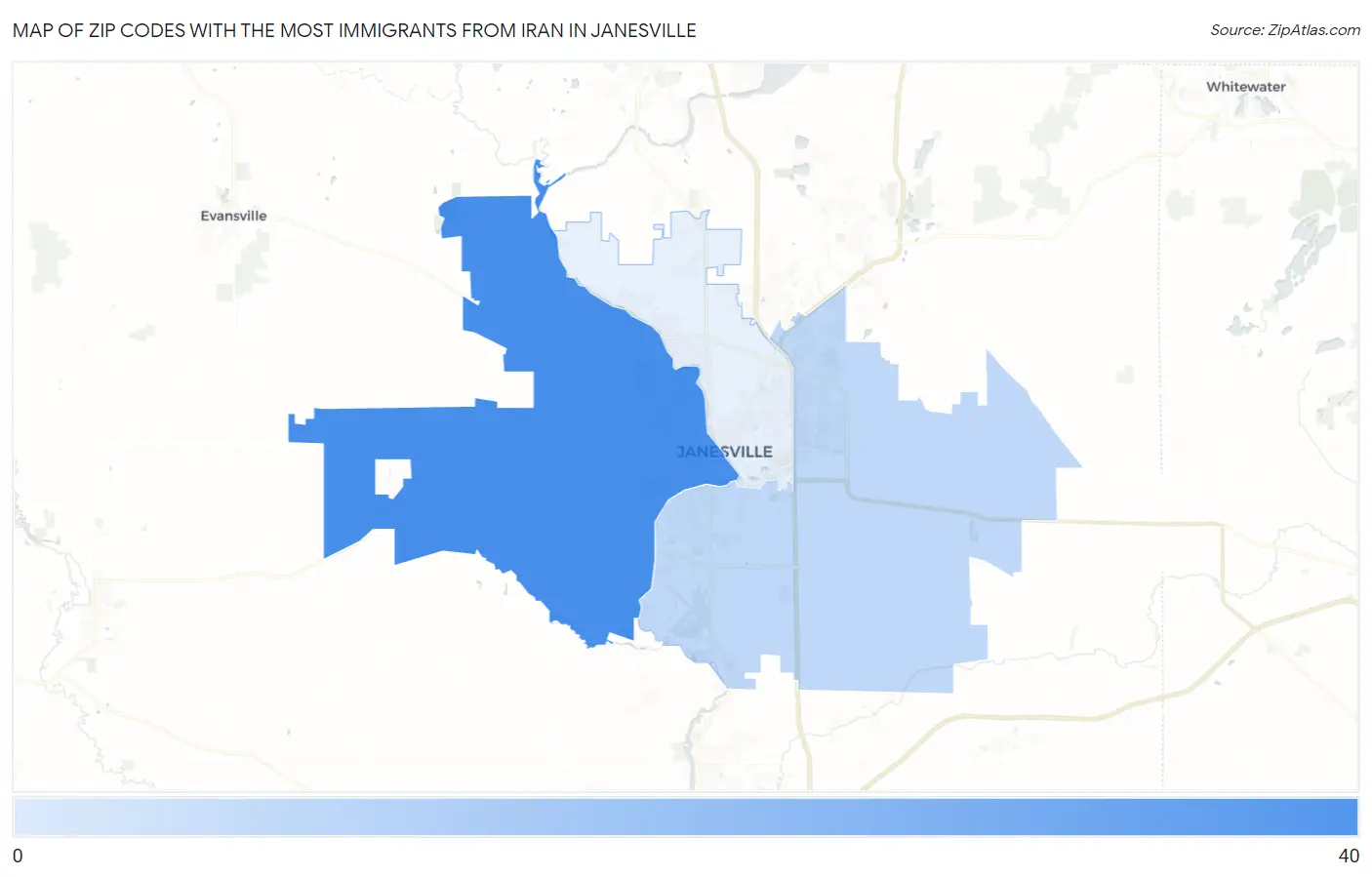 Zip Codes with the Most Immigrants from Iran in Janesville Map