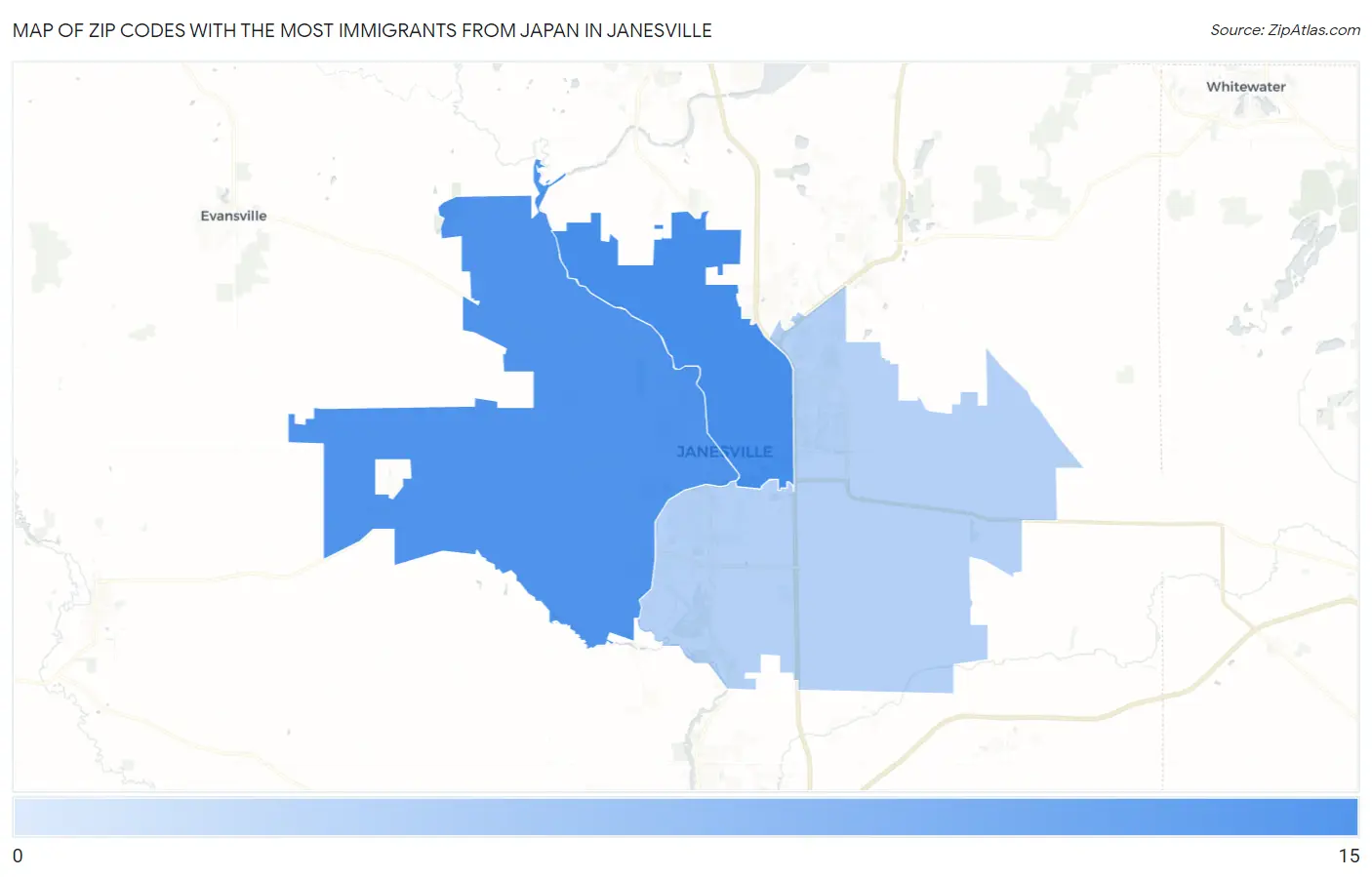 Zip Codes with the Most Immigrants from Japan in Janesville Map