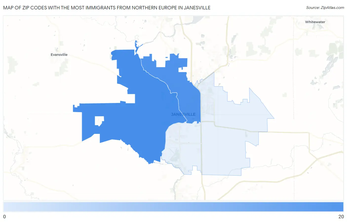 Zip Codes with the Most Immigrants from Northern Europe in Janesville Map