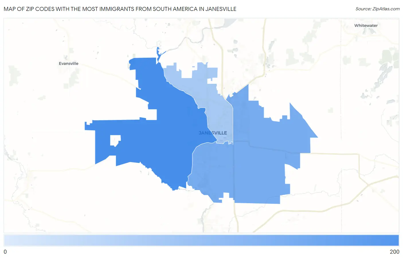 Zip Codes with the Most Immigrants from South America in Janesville Map