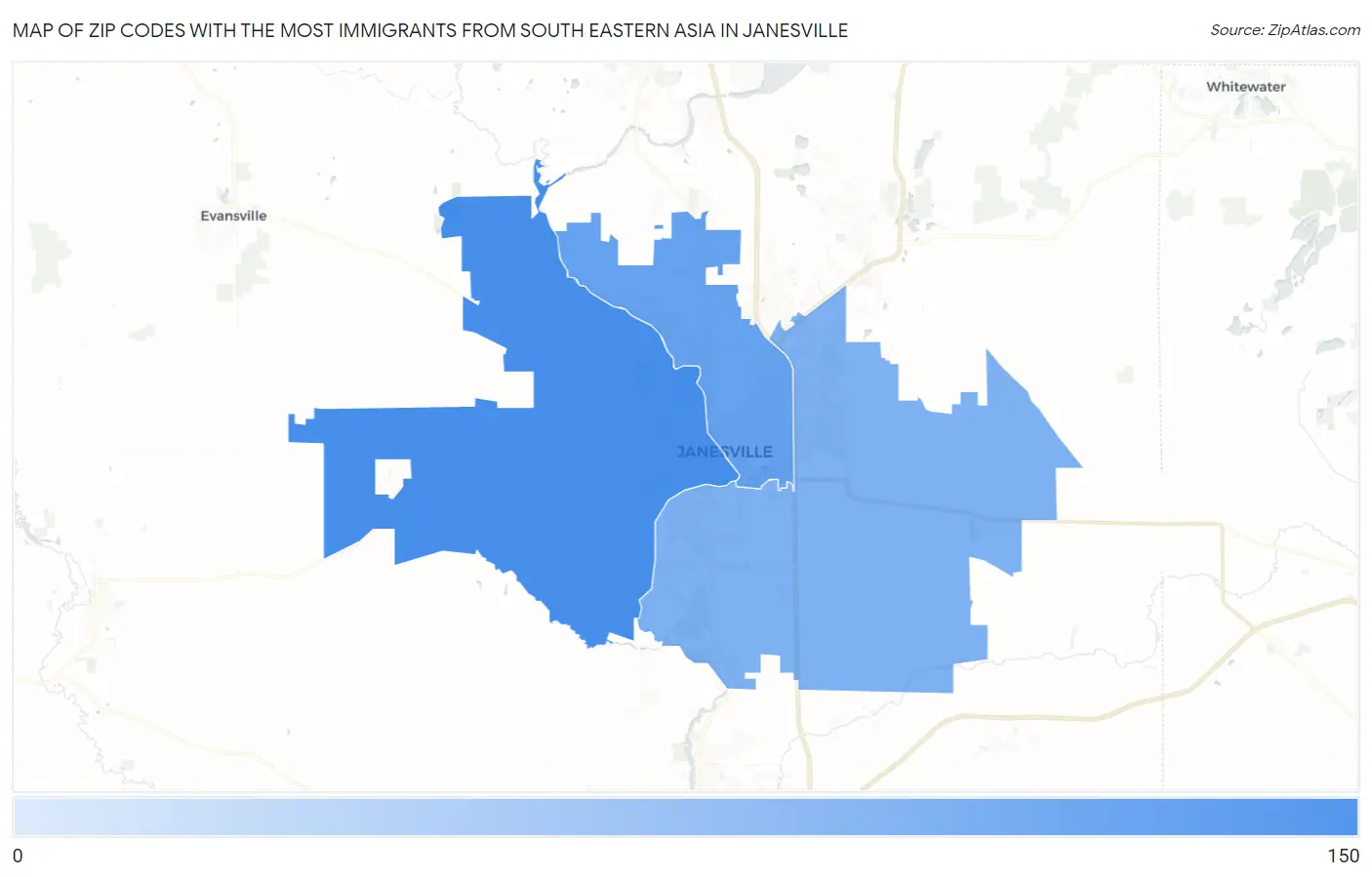 Zip Codes with the Most Immigrants from South Eastern Asia in Janesville Map