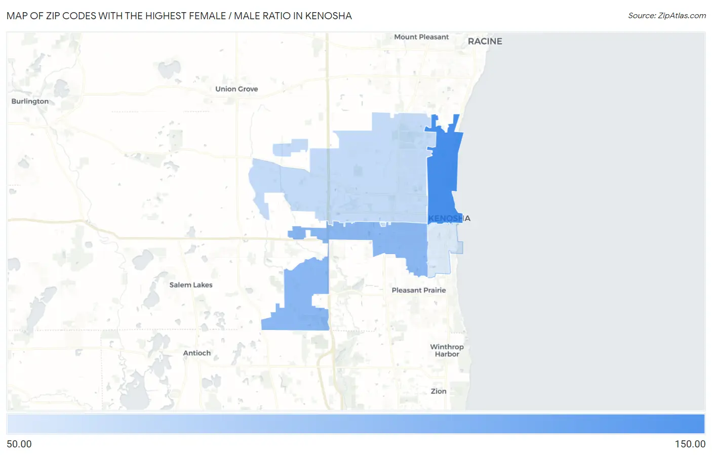 Zip Codes with the Highest Female / Male Ratio in Kenosha Map