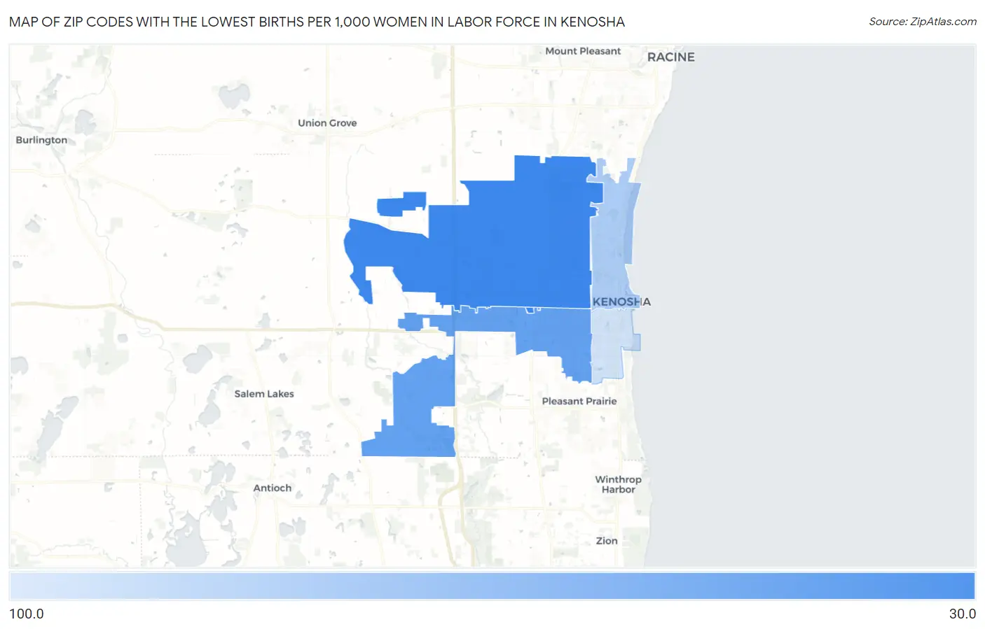 Zip Codes with the Lowest Births per 1,000 Women in Labor Force in Kenosha Map
