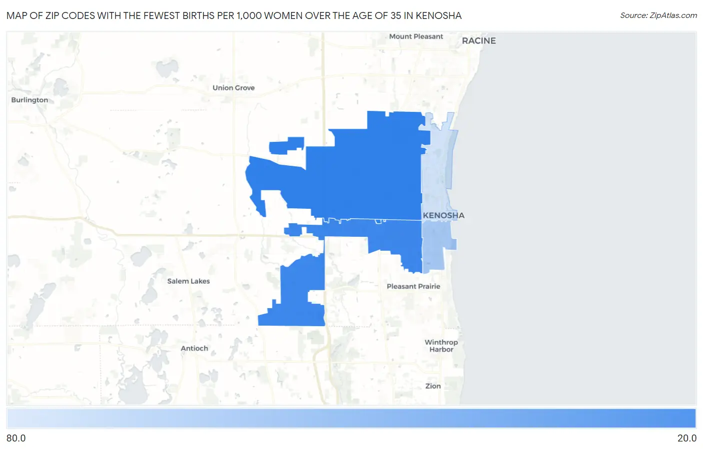 Zip Codes with the Fewest Births per 1,000 Women Over the Age of 35 in Kenosha Map