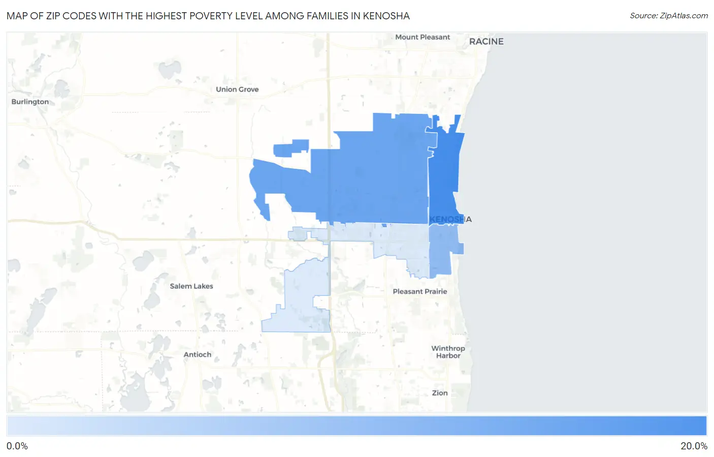 Zip Codes with the Highest Poverty Level Among Families in Kenosha Map