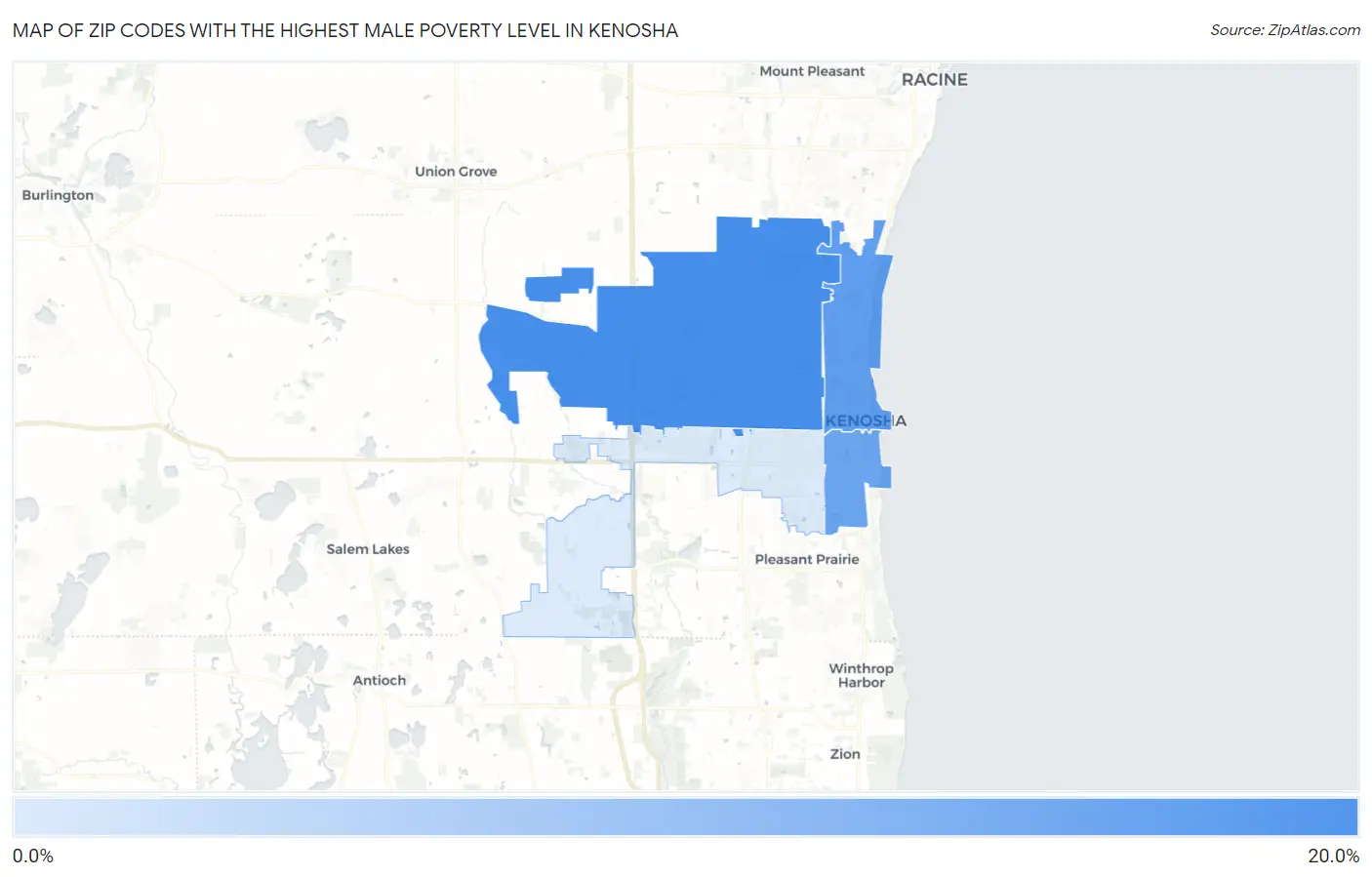 Zip Codes with the Highest Male Poverty Level in Kenosha Map