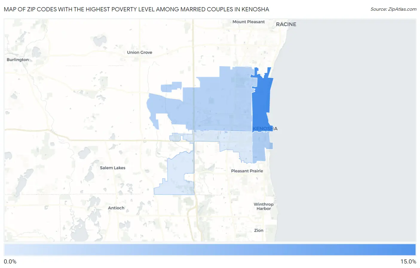 Zip Codes with the Highest Poverty Level Among Married Couples in Kenosha Map