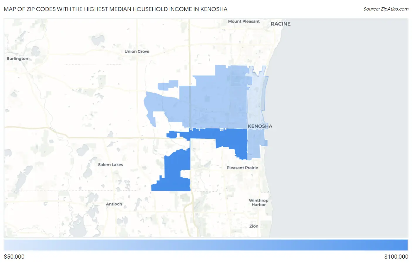 Zip Codes with the Highest Median Household Income in Kenosha Map