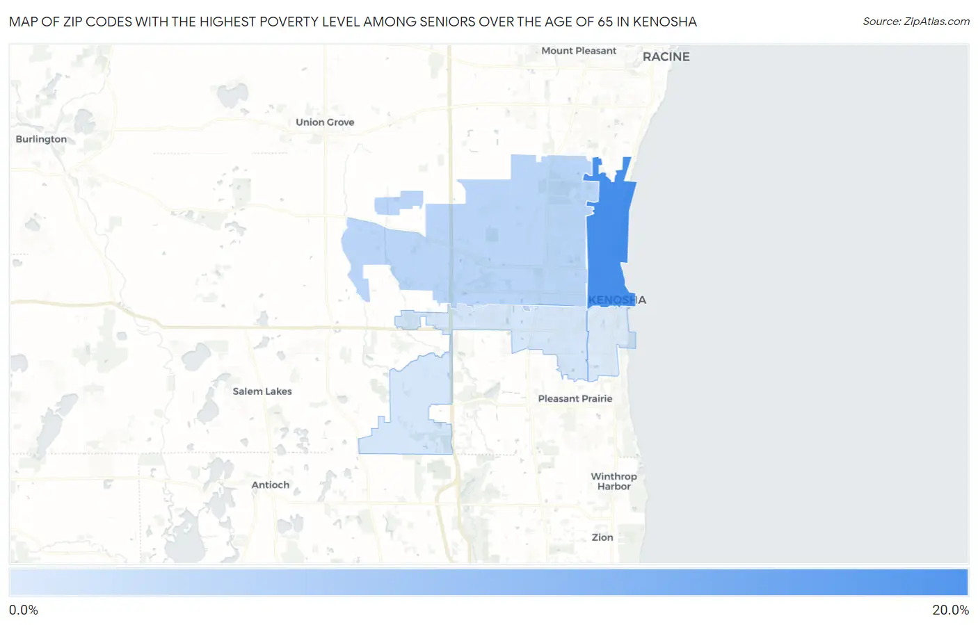Zip Codes with the Highest Poverty Level Among Seniors Over the Age of 65 in Kenosha Map