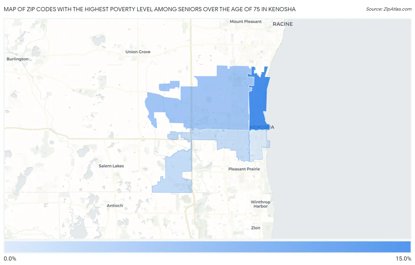 Zip Codes with the Highest Poverty Level Among Seniors Over the Age of 75 in Kenosha Map