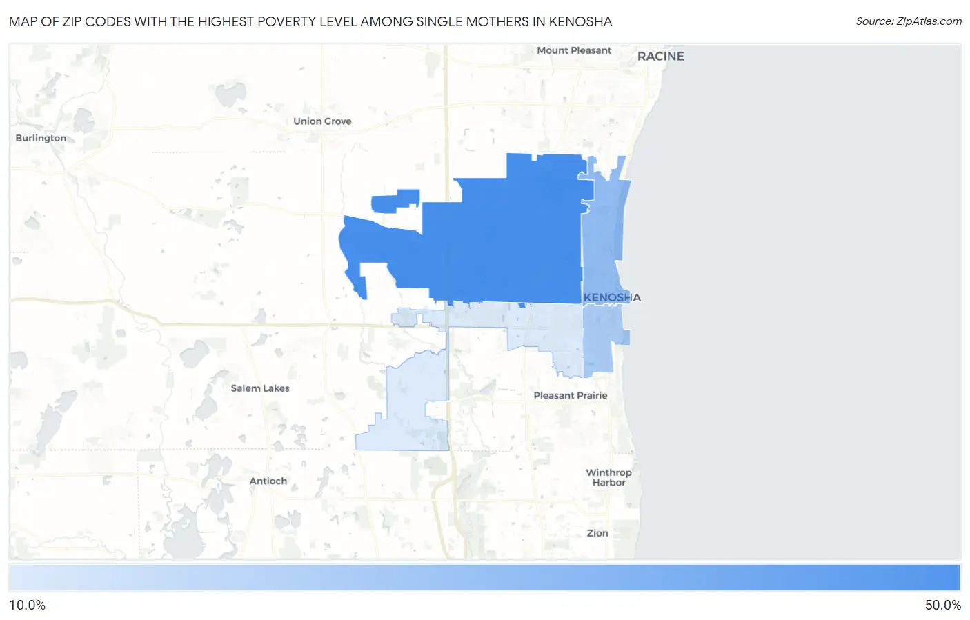 Zip Codes with the Highest Poverty Level Among Single Mothers in Kenosha Map