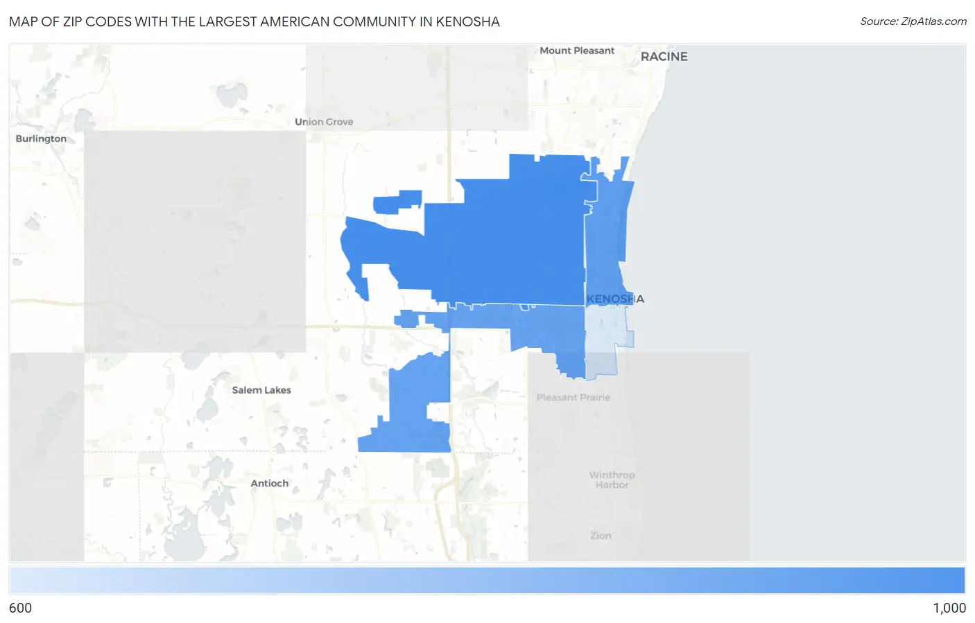 Zip Codes with the Largest American Community in Kenosha Map