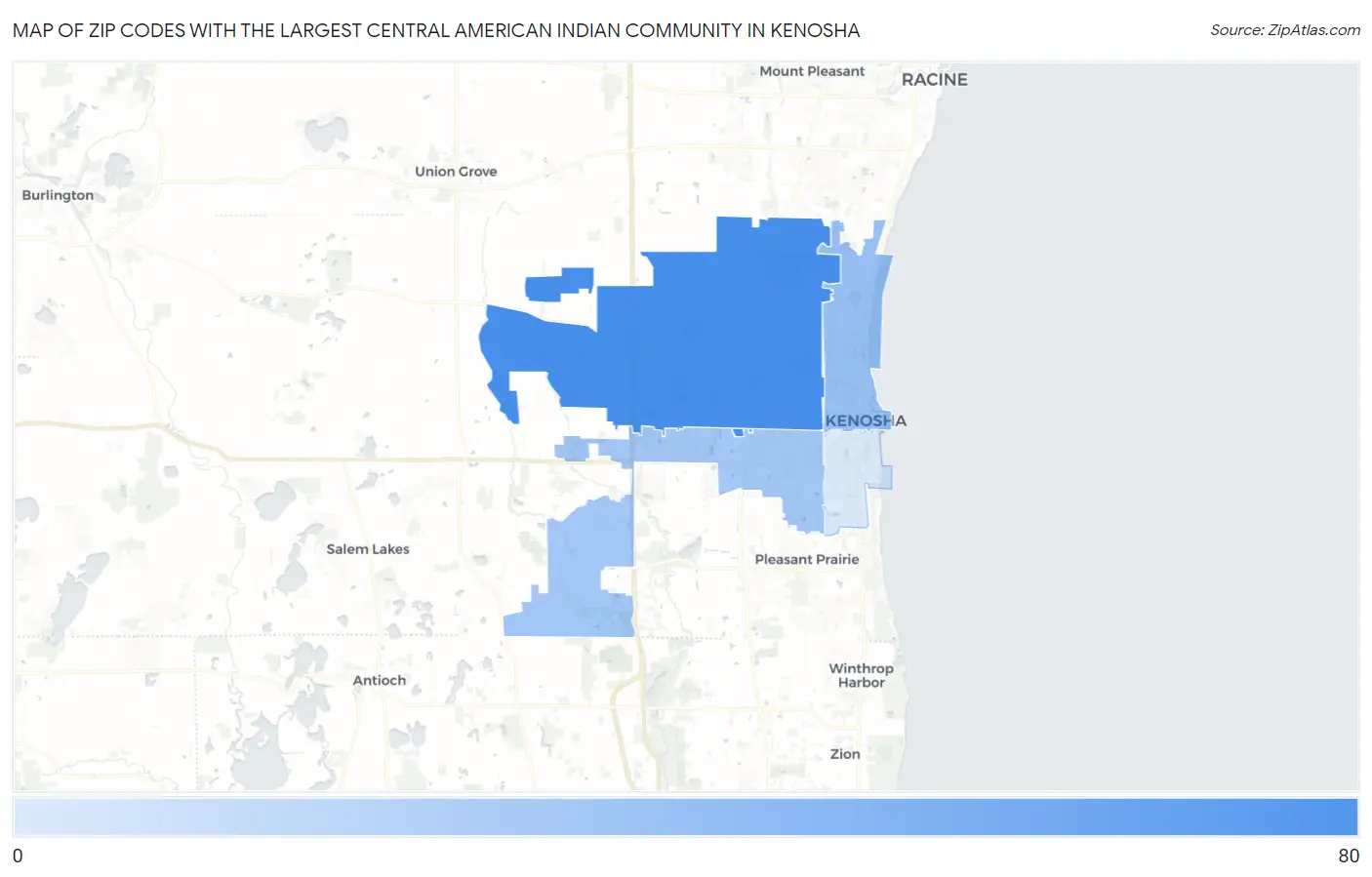 Zip Codes with the Largest Central American Indian Community in Kenosha Map